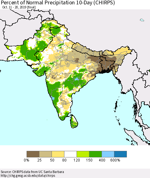 Southern Asia Percent of Normal Precipitation 10-Day (CHIRPS) Thematic Map For 10/11/2019 - 10/20/2019