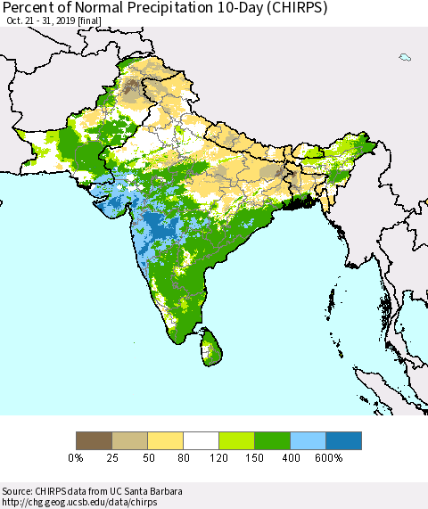 Southern Asia Percent of Normal Precipitation 10-Day (CHIRPS) Thematic Map For 10/21/2019 - 10/31/2019