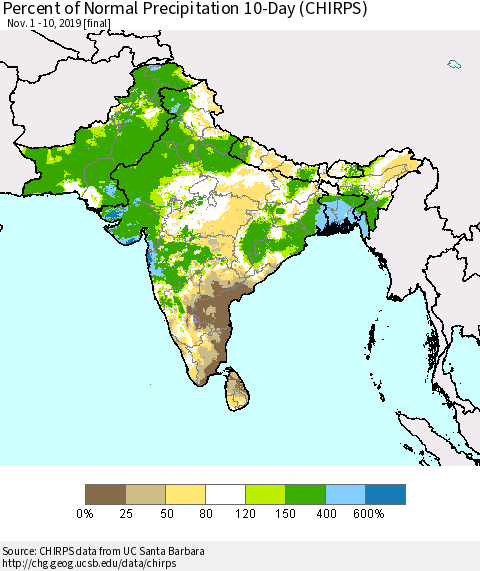 Southern Asia Percent of Normal Precipitation 10-Day (CHIRPS) Thematic Map For 11/1/2019 - 11/10/2019