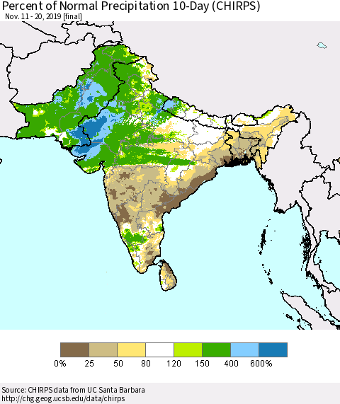Southern Asia Percent of Normal Precipitation 10-Day (CHIRPS) Thematic Map For 11/11/2019 - 11/20/2019