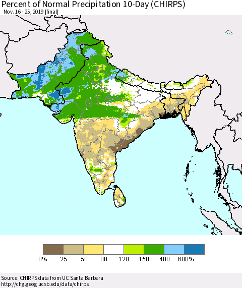 Southern Asia Percent of Normal Precipitation 10-Day (CHIRPS) Thematic Map For 11/16/2019 - 11/25/2019