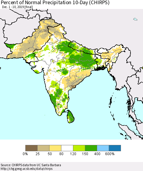 Southern Asia Percent of Normal Precipitation 10-Day (CHIRPS) Thematic Map For 12/1/2019 - 12/10/2019