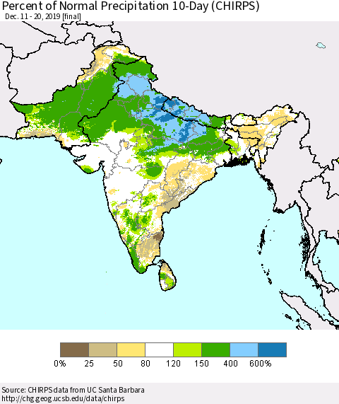 Southern Asia Percent of Normal Precipitation 10-Day (CHIRPS) Thematic Map For 12/11/2019 - 12/20/2019