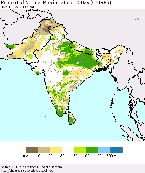 Southern Asia Percent of Normal Precipitation 10-Day (CHIRPS) Thematic Map For 12/16/2019 - 12/25/2019