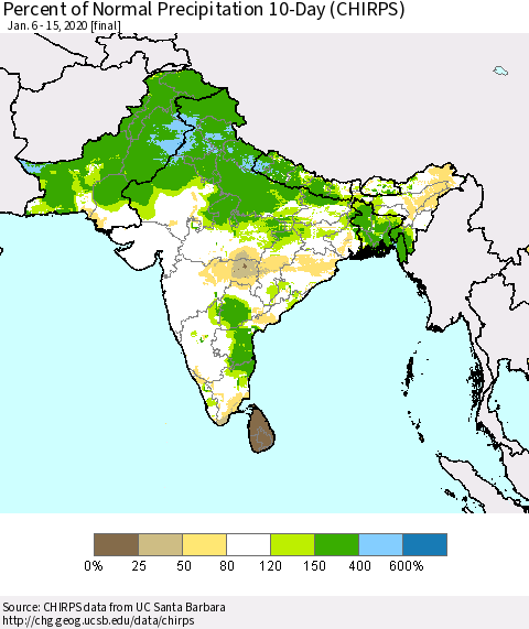 Southern Asia Percent of Normal Precipitation 10-Day (CHIRPS) Thematic Map For 1/6/2020 - 1/15/2020
