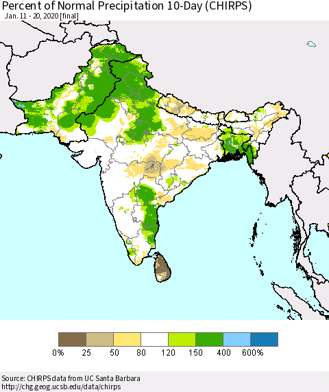 Southern Asia Percent of Normal Precipitation 10-Day (CHIRPS) Thematic Map For 1/11/2020 - 1/20/2020