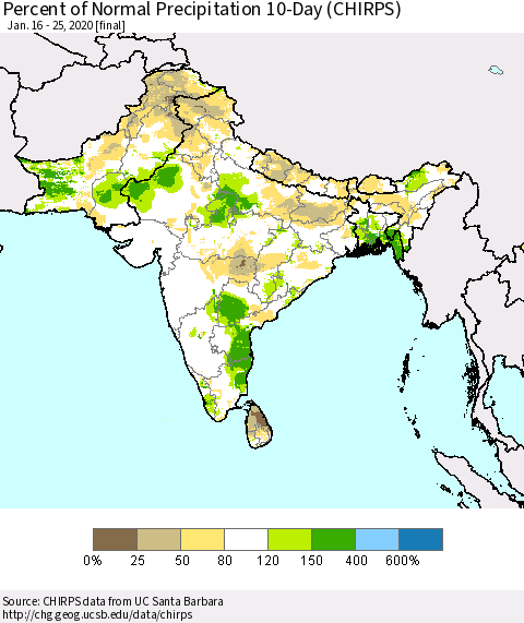 Southern Asia Percent of Normal Precipitation 10-Day (CHIRPS) Thematic Map For 1/16/2020 - 1/25/2020
