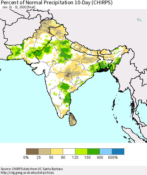 Southern Asia Percent of Normal Precipitation 10-Day (CHIRPS) Thematic Map For 1/21/2020 - 1/31/2020