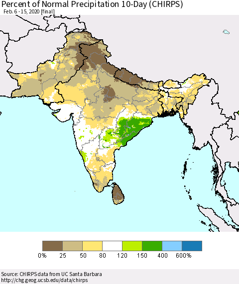 Southern Asia Percent of Normal Precipitation 10-Day (CHIRPS) Thematic Map For 2/6/2020 - 2/15/2020