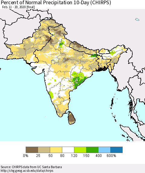 Southern Asia Percent of Normal Precipitation 10-Day (CHIRPS) Thematic Map For 2/11/2020 - 2/20/2020