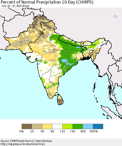 Southern Asia Percent of Normal Precipitation 10-Day (CHIRPS) Thematic Map For 2/16/2020 - 2/25/2020