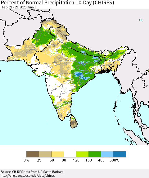 Southern Asia Percent of Normal Precipitation 10-Day (CHIRPS) Thematic Map For 2/21/2020 - 2/29/2020