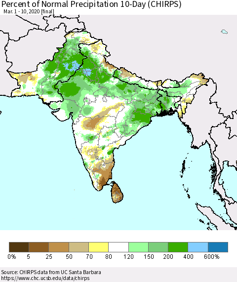 Southern Asia Percent of Normal Precipitation 10-Day (CHIRPS) Thematic Map For 3/1/2020 - 3/10/2020