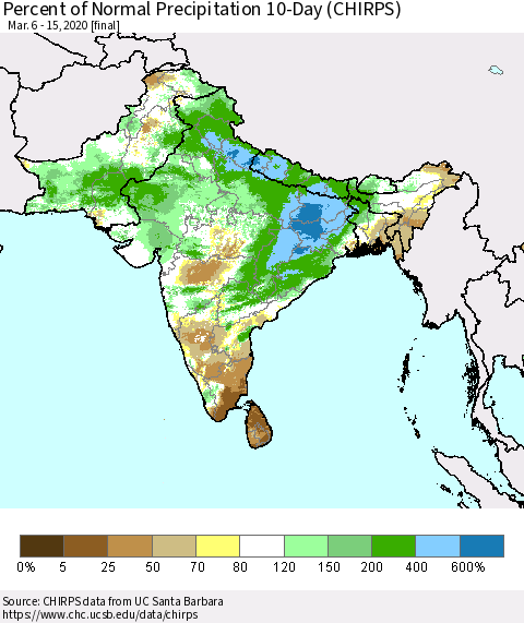 Southern Asia Percent of Normal Precipitation 10-Day (CHIRPS) Thematic Map For 3/6/2020 - 3/15/2020