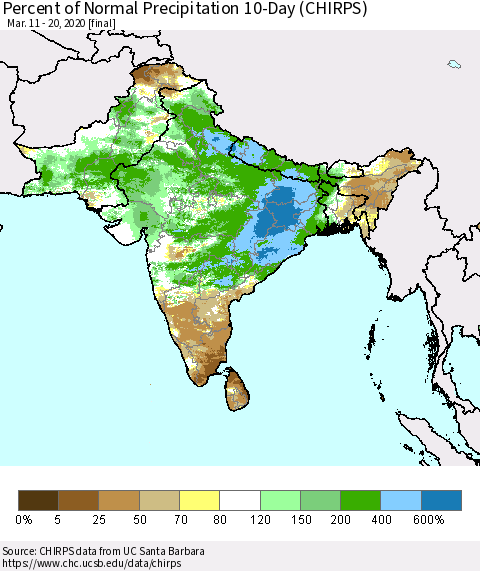 Southern Asia Percent of Normal Precipitation 10-Day (CHIRPS) Thematic Map For 3/11/2020 - 3/20/2020