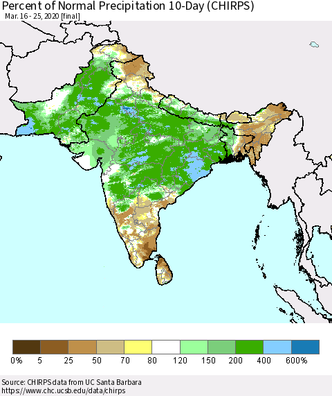 Southern Asia Percent of Normal Precipitation 10-Day (CHIRPS) Thematic Map For 3/16/2020 - 3/25/2020