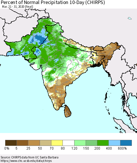 Southern Asia Percent of Normal Precipitation 10-Day (CHIRPS) Thematic Map For 3/21/2020 - 3/31/2020