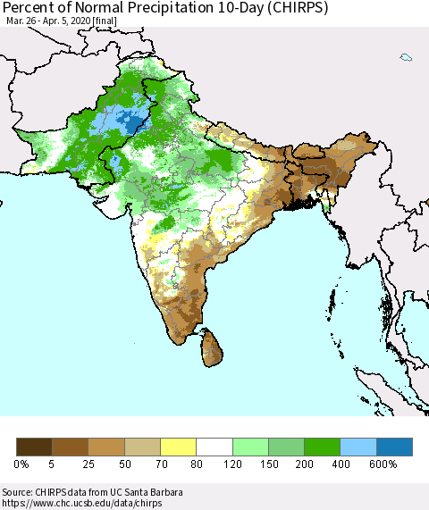 Southern Asia Percent of Normal Precipitation 10-Day (CHIRPS) Thematic Map For 3/26/2020 - 4/5/2020