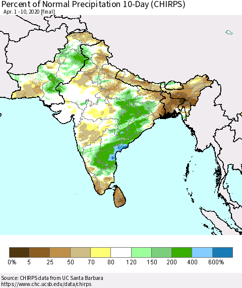 Southern Asia Percent of Normal Precipitation 10-Day (CHIRPS) Thematic Map For 4/1/2020 - 4/10/2020