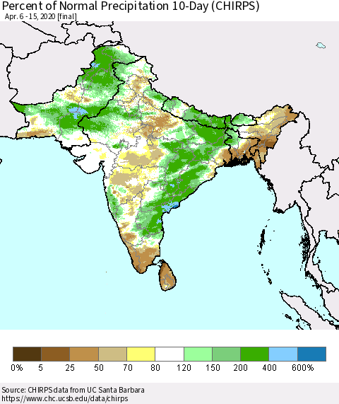Southern Asia Percent of Normal Precipitation 10-Day (CHIRPS) Thematic Map For 4/6/2020 - 4/15/2020