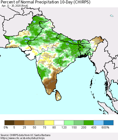 Southern Asia Percent of Normal Precipitation 10-Day (CHIRPS) Thematic Map For 4/11/2020 - 4/20/2020