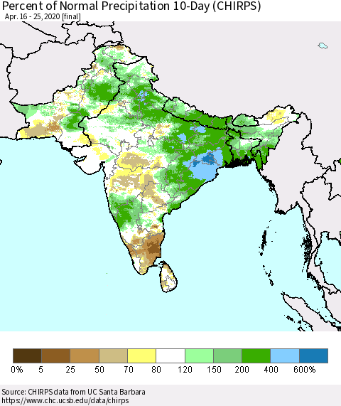 Southern Asia Percent of Normal Precipitation 10-Day (CHIRPS) Thematic Map For 4/16/2020 - 4/25/2020