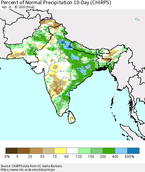 Southern Asia Percent of Normal Precipitation 10-Day (CHIRPS) Thematic Map For 4/21/2020 - 4/30/2020