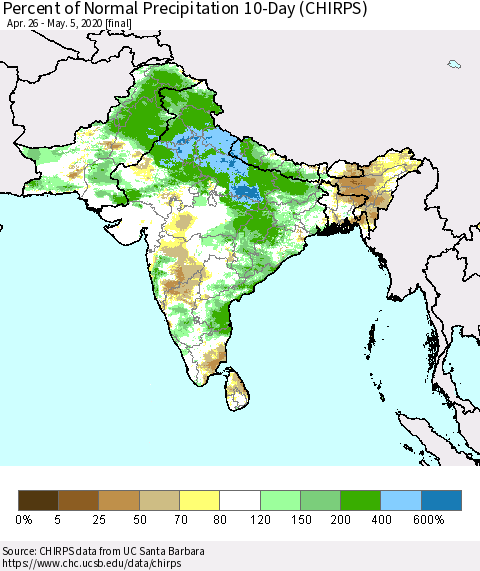 Southern Asia Percent of Normal Precipitation 10-Day (CHIRPS) Thematic Map For 4/26/2020 - 5/5/2020