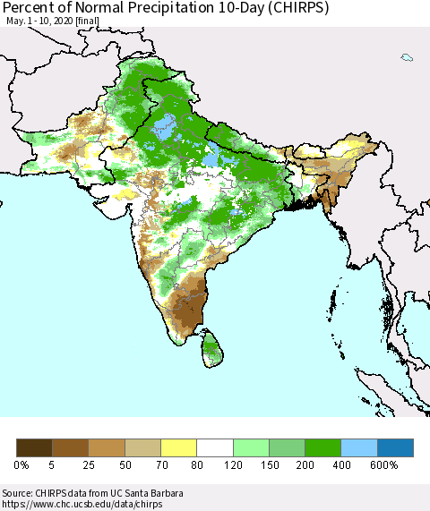 Southern Asia Percent of Normal Precipitation 10-Day (CHIRPS) Thematic Map For 5/1/2020 - 5/10/2020