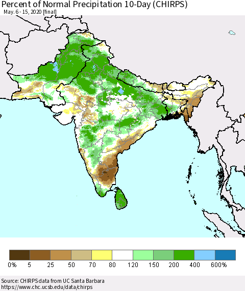 Southern Asia Percent of Normal Precipitation 10-Day (CHIRPS) Thematic Map For 5/6/2020 - 5/15/2020