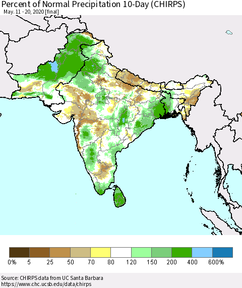 Southern Asia Percent of Normal Precipitation 10-Day (CHIRPS) Thematic Map For 5/11/2020 - 5/20/2020