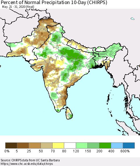 Southern Asia Percent of Normal Precipitation 10-Day (CHIRPS) Thematic Map For 5/21/2020 - 5/31/2020