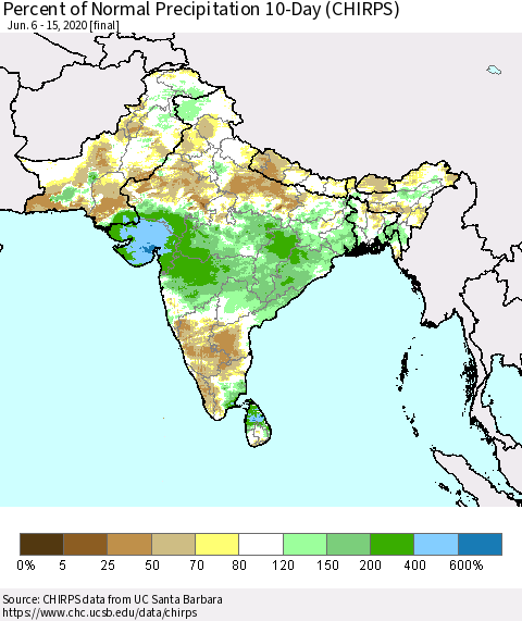 Southern Asia Percent of Normal Precipitation 10-Day (CHIRPS) Thematic Map For 6/6/2020 - 6/15/2020