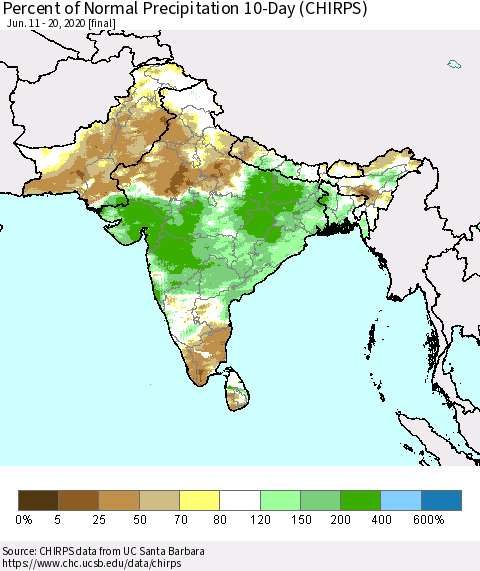 Southern Asia Percent of Normal Precipitation 10-Day (CHIRPS) Thematic Map For 6/11/2020 - 6/20/2020
