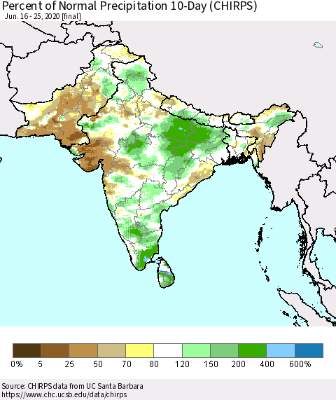 Southern Asia Percent of Normal Precipitation 10-Day (CHIRPS) Thematic Map For 6/16/2020 - 6/25/2020