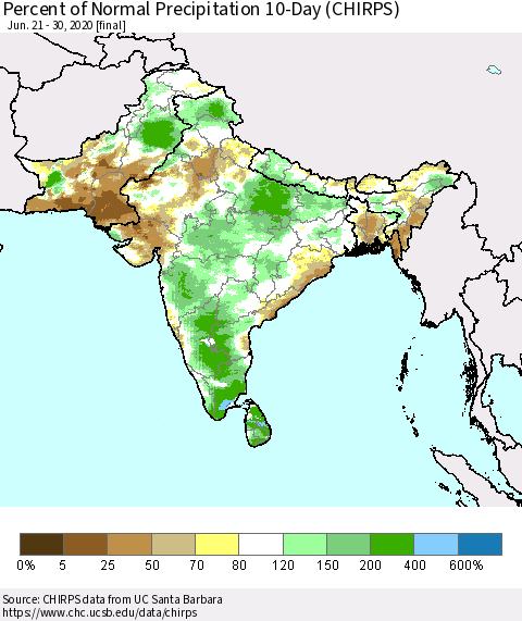 Southern Asia Percent of Normal Precipitation 10-Day (CHIRPS) Thematic Map For 6/21/2020 - 6/30/2020