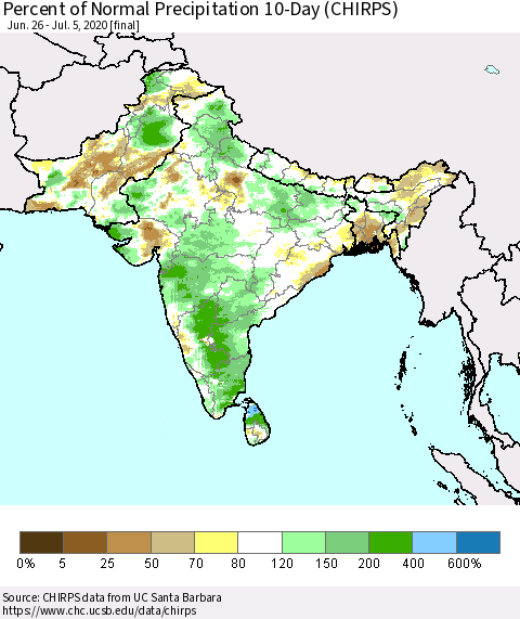 Southern Asia Percent of Normal Precipitation 10-Day (CHIRPS) Thematic Map For 6/26/2020 - 7/5/2020