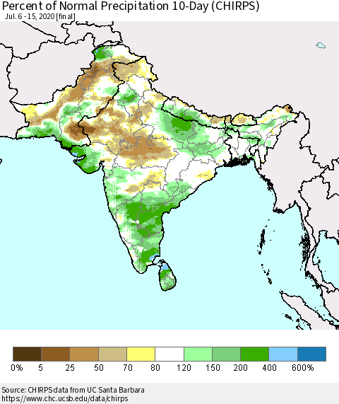 Southern Asia Percent of Normal Precipitation 10-Day (CHIRPS) Thematic Map For 7/6/2020 - 7/15/2020