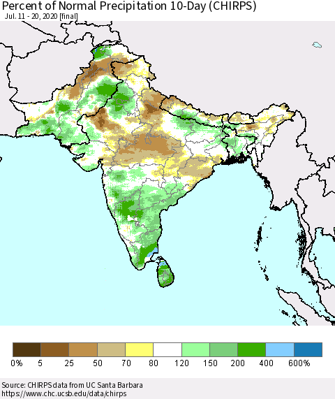 Southern Asia Percent of Normal Precipitation 10-Day (CHIRPS) Thematic Map For 7/11/2020 - 7/20/2020