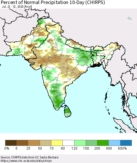 Southern Asia Percent of Normal Precipitation 10-Day (CHIRPS) Thematic Map For 7/21/2020 - 7/31/2020