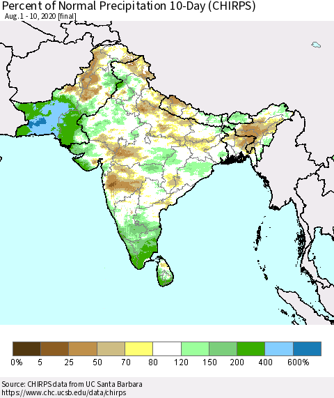Southern Asia Percent of Normal Precipitation 10-Day (CHIRPS) Thematic Map For 8/1/2020 - 8/10/2020