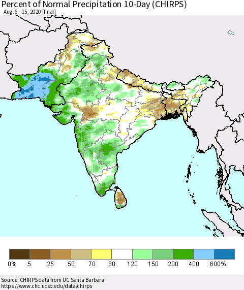 Southern Asia Percent of Normal Precipitation 10-Day (CHIRPS) Thematic Map For 8/6/2020 - 8/15/2020