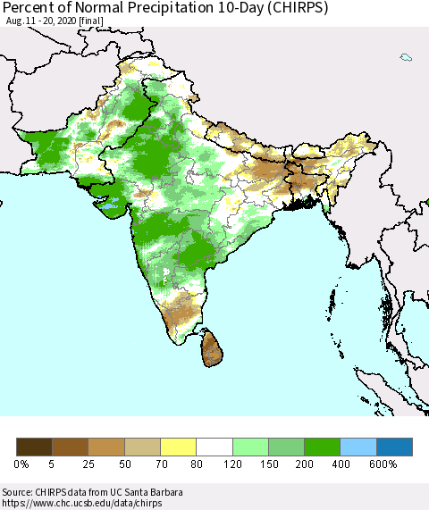 Southern Asia Percent of Normal Precipitation 10-Day (CHIRPS) Thematic Map For 8/11/2020 - 8/20/2020