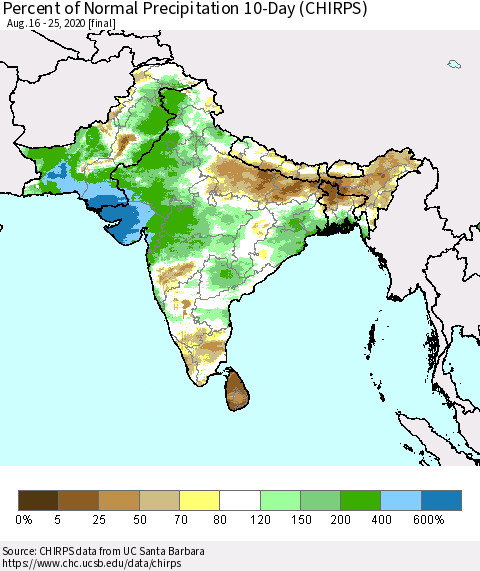 Southern Asia Percent of Normal Precipitation 10-Day (CHIRPS) Thematic Map For 8/16/2020 - 8/25/2020