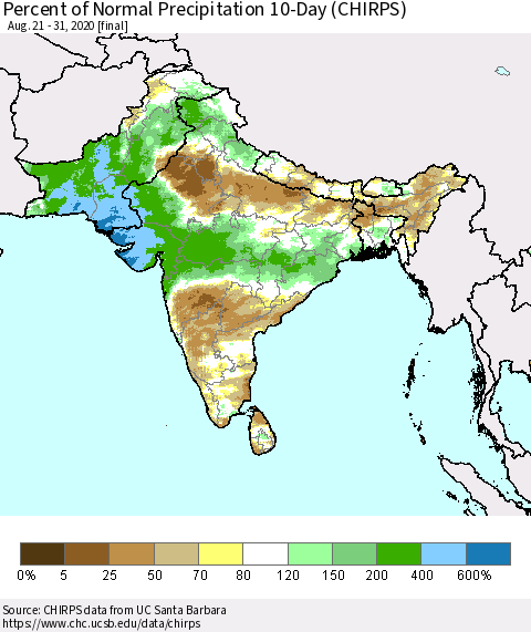Southern Asia Percent of Normal Precipitation 10-Day (CHIRPS) Thematic Map For 8/21/2020 - 8/31/2020