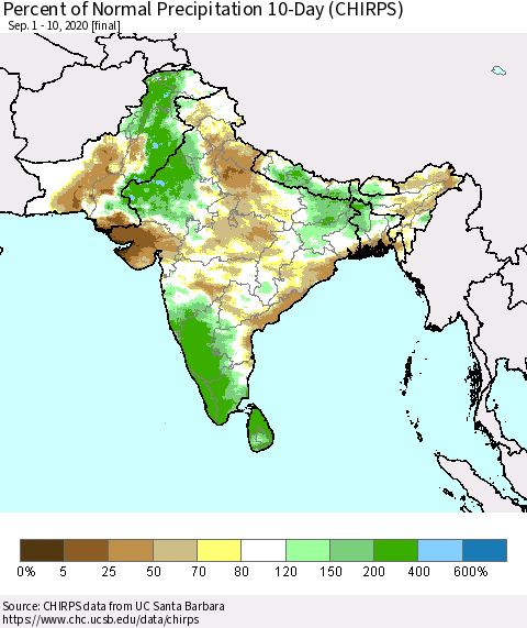 Southern Asia Percent of Normal Precipitation 10-Day (CHIRPS) Thematic Map For 9/1/2020 - 9/10/2020