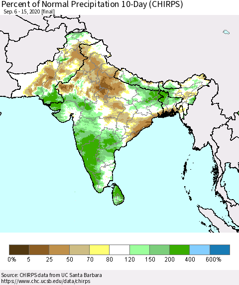 Southern Asia Percent of Normal Precipitation 10-Day (CHIRPS) Thematic Map For 9/6/2020 - 9/15/2020