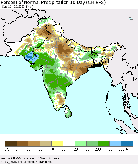 Southern Asia Percent of Normal Precipitation 10-Day (CHIRPS) Thematic Map For 9/11/2020 - 9/20/2020