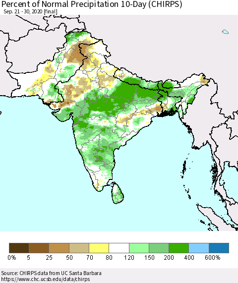 Southern Asia Percent of Normal Precipitation 10-Day (CHIRPS) Thematic Map For 9/21/2020 - 9/30/2020