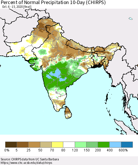 Southern Asia Percent of Normal Precipitation 10-Day (CHIRPS) Thematic Map For 10/6/2020 - 10/15/2020